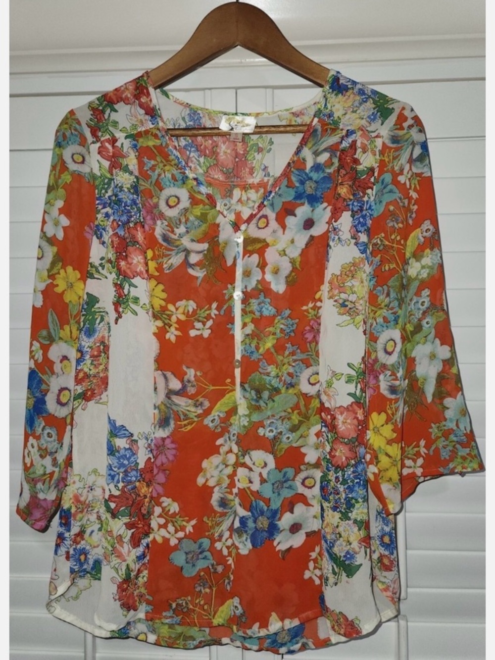 Anthropologie Orange Floral V-Neck Button-Front Tunic